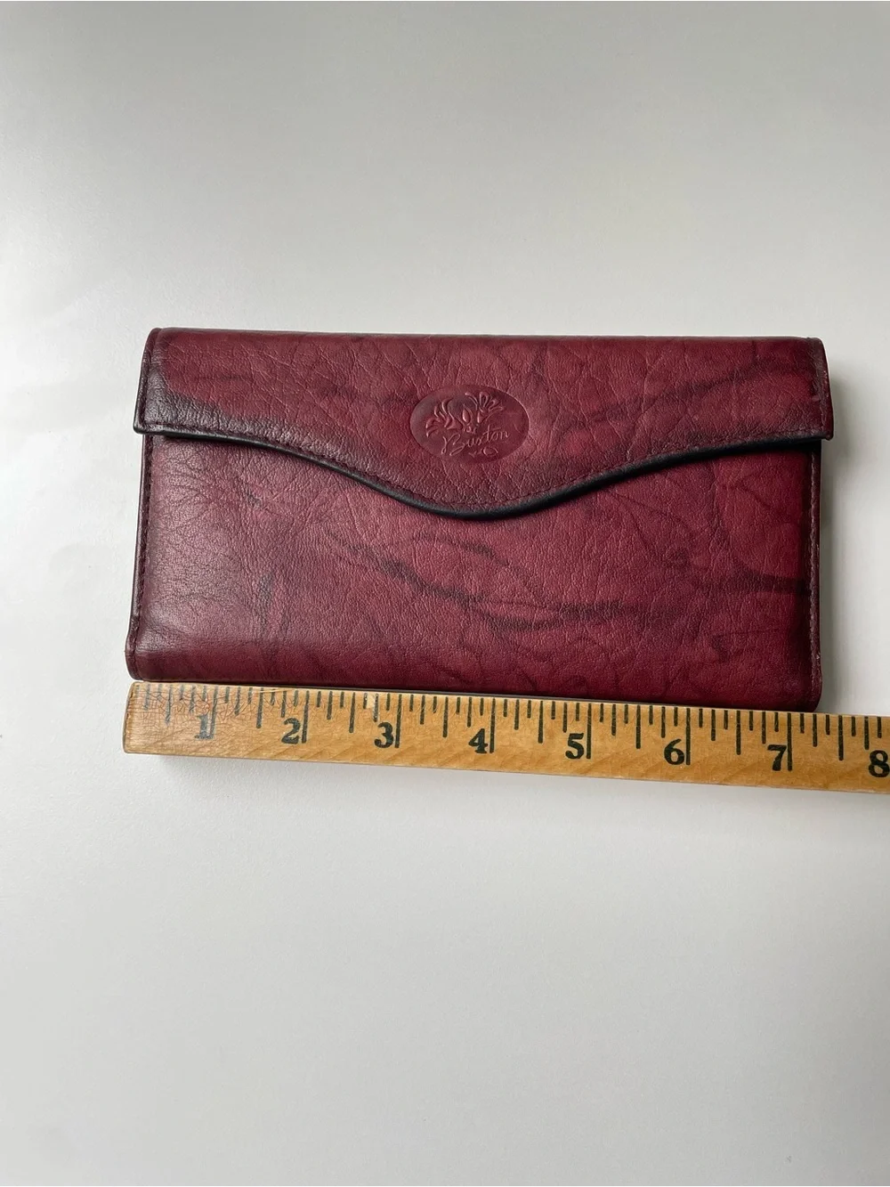 Buxton Women’s Burgundy Leather Envelope Wallet Embossed Logo Gold Hardware